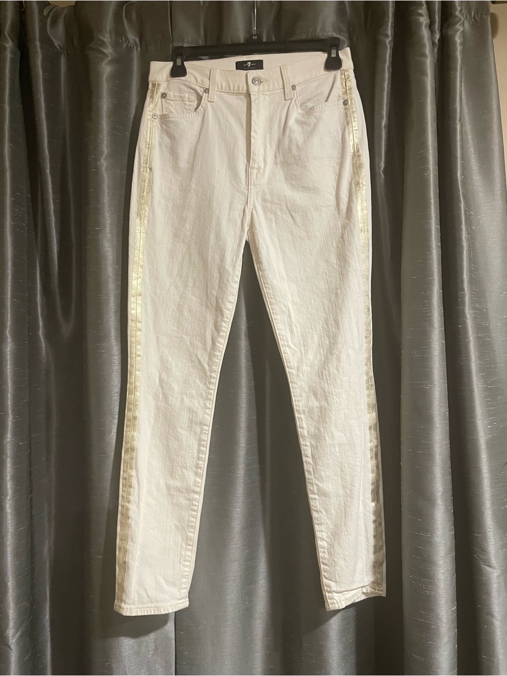 7 For All Mankind Women’s Jeans, White with Metallic Gold Side Stripe